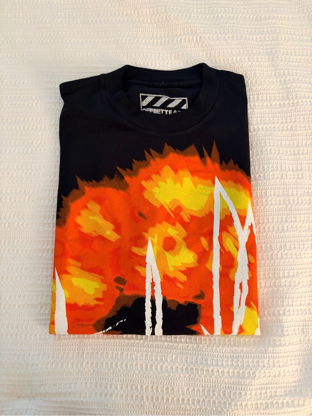 Offset x Denim Tears Black Tee with Orange and Yellow Flame Graphic